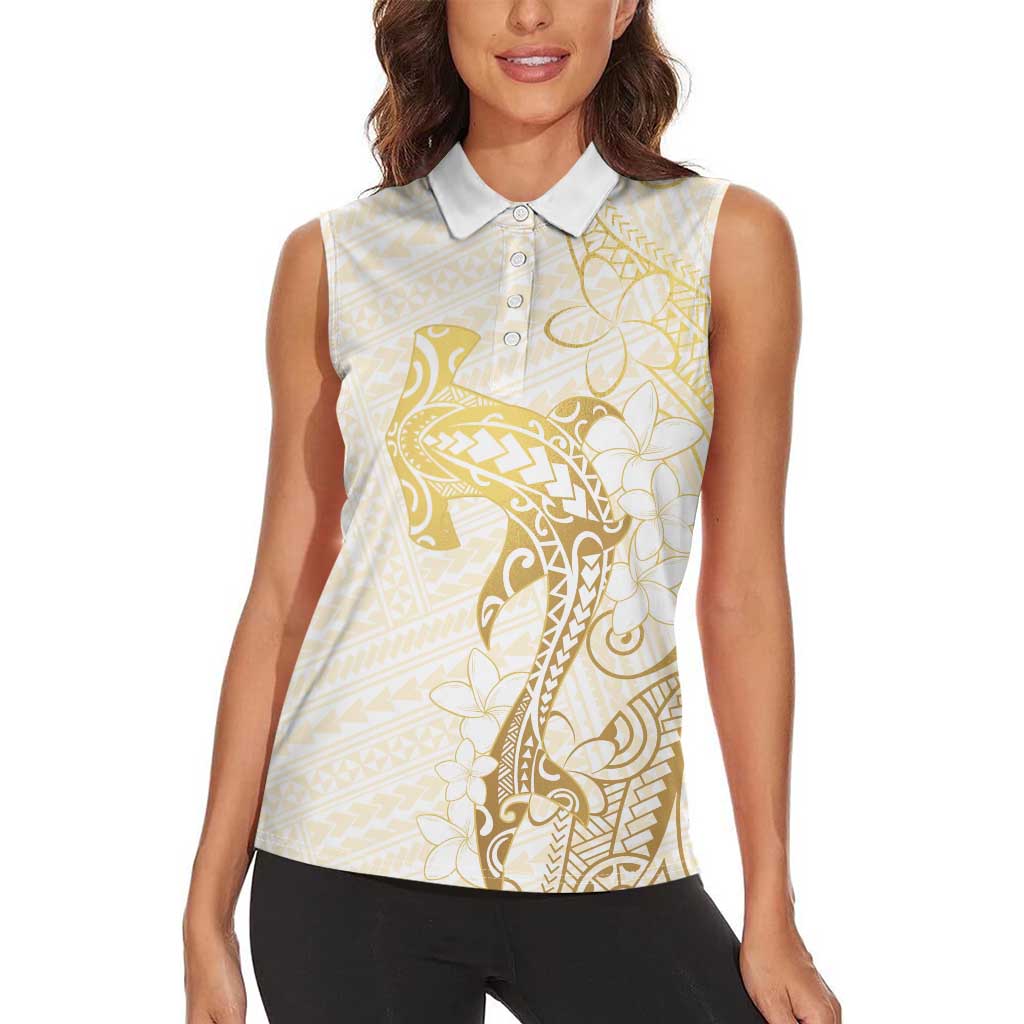 Gold and White Hawaii Women Sleeveless Polo Shirt Hammerhead Shark Tattoo Curve Polynesian LT14 - Polynesian Pride