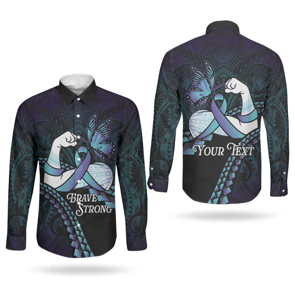 Personalised Polynesia Suicide Prevention Month Couples Matching Long Sleeve Bodycon Dress and Long Sleeve Button Shirt Brave Strong Butterfly Teal Purple Ribbon LT14 - Polynesian Pride