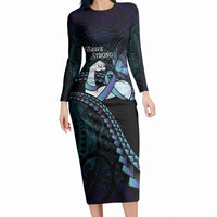 Personalised Polynesia Suicide Prevention Month Long Sleeve Bodycon Dress Brave Strong Butterfly Teal Purple Ribbon LT14 Long Dress Purple - Polynesian Pride