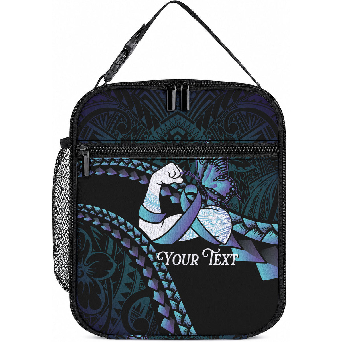 Personalised Polynesia Suicide Prevention Month Lunch Bag Brave Strong Butterfly Teal Purple Ribbon