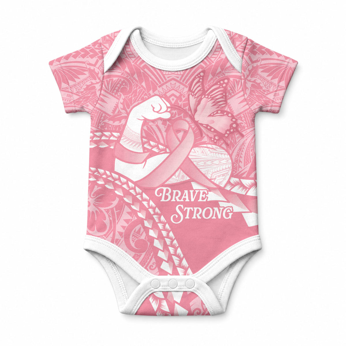 Personalised Polynesia Breast Cancer Awareness Baby Onesie Brave Strong Butterfly Pink Ribbon