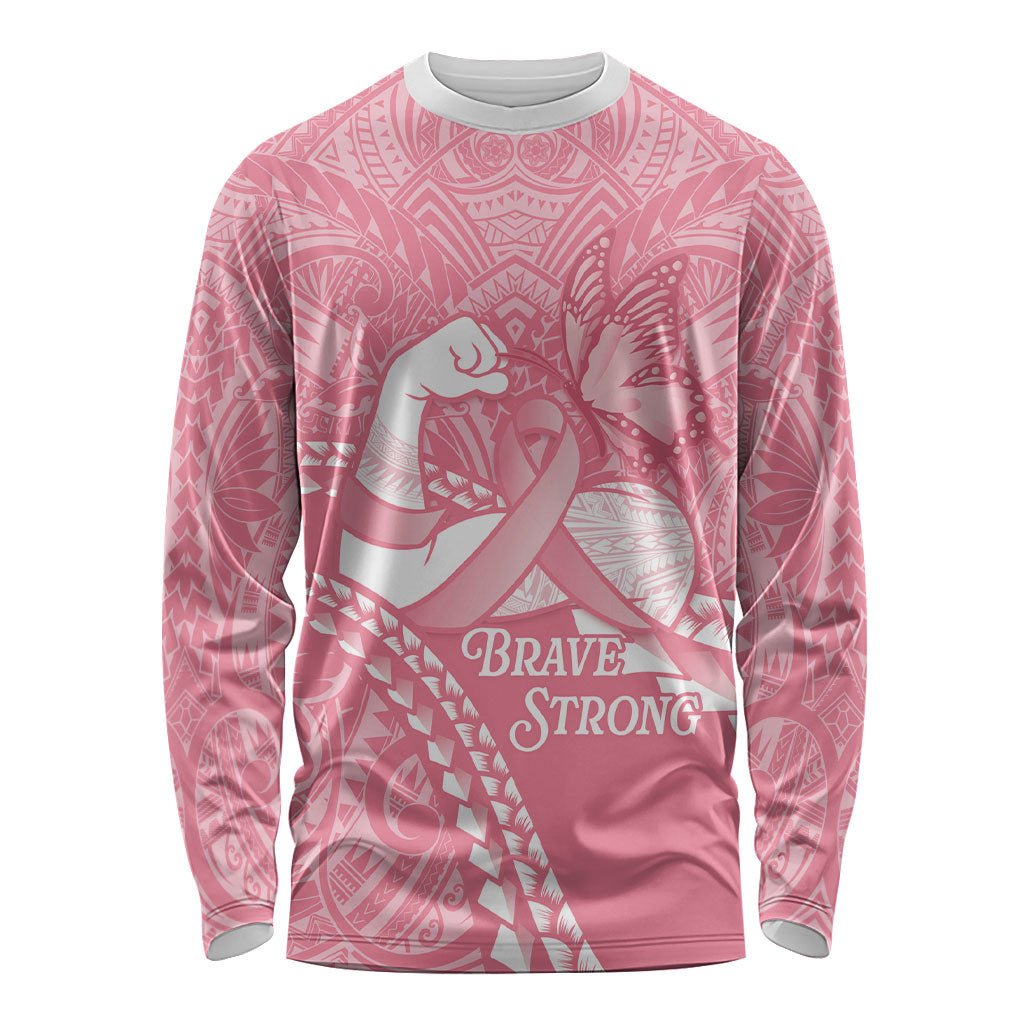 Personalised Polynesia Breast Cancer Awareness Long Sleeve Shirt Brave Strong Butterfly Pink Ribbon LT14 Unisex Pink - Polynesian Pride