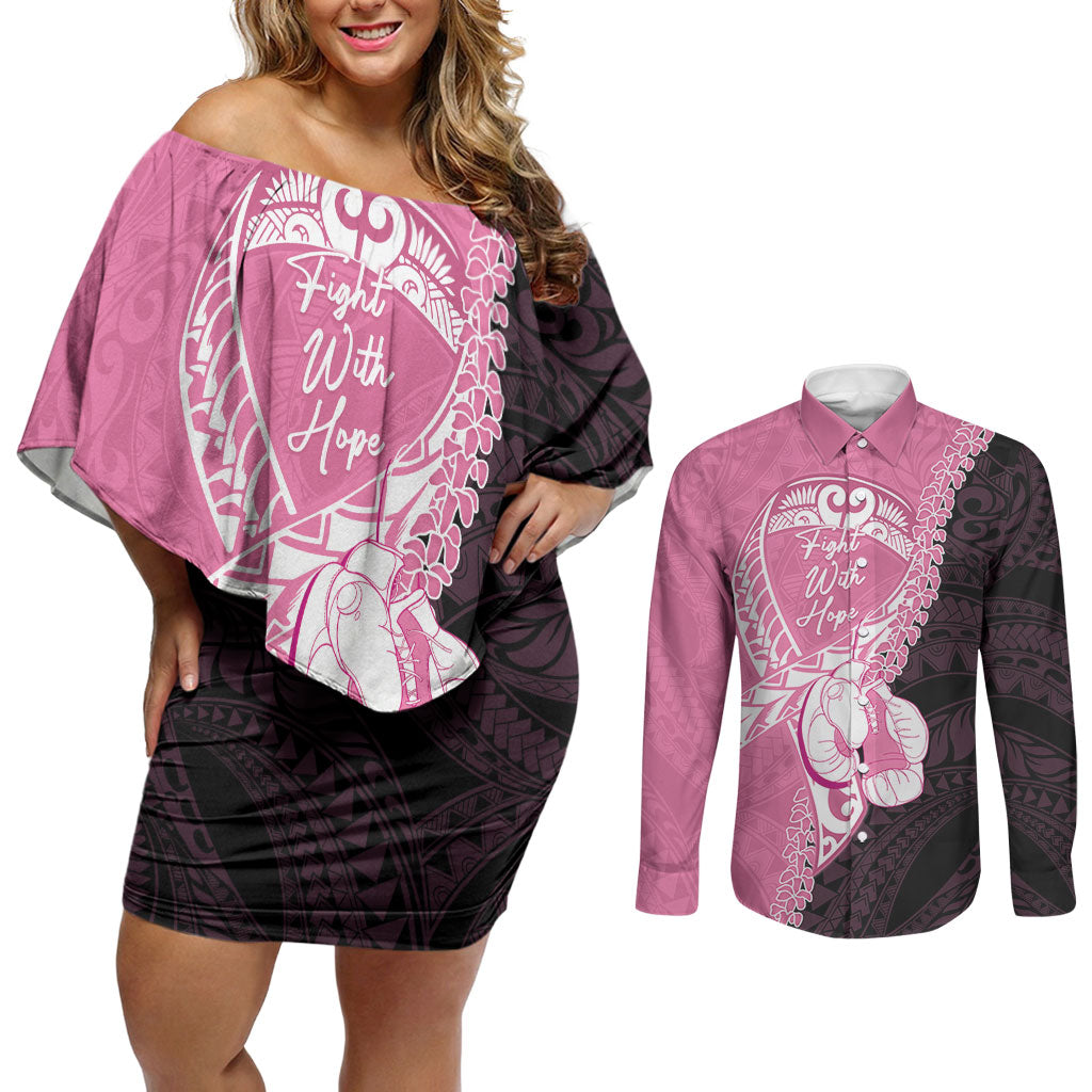 Personalised Polynesia Breast Cancer Awareness Couples Matching Off Shoulder Short Dress and Long Sleeve Button Shirt Fight With Hope Pink Ribbon Boxing Gloves LT14 Pink - Polynesian Pride