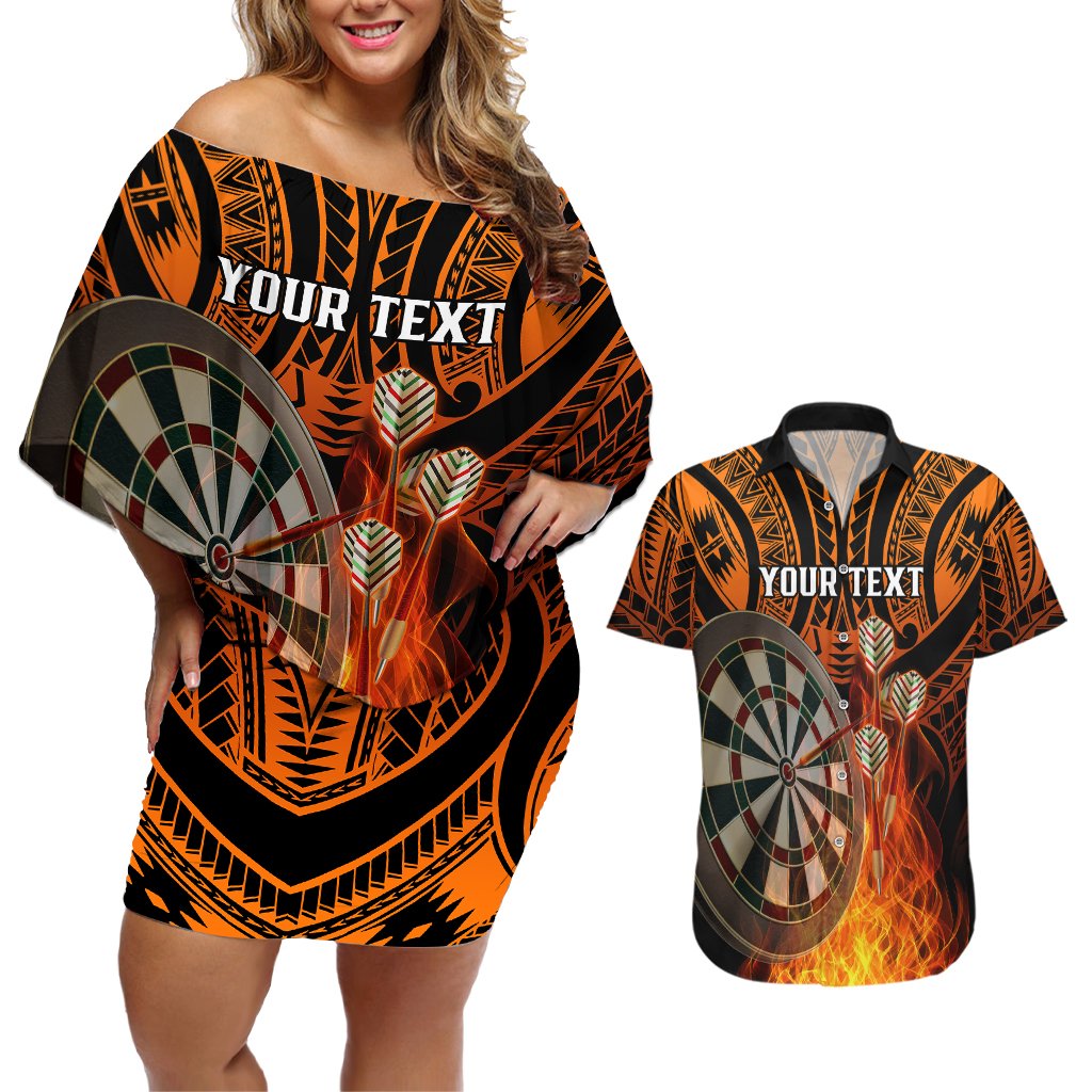 Personalised Polynesian Darts Couples Matching Off Shoulder Short Dress and Hawaiian Shirt Fire Burning With Tribal Tattoo LT14 Orange - Polynesian Pride