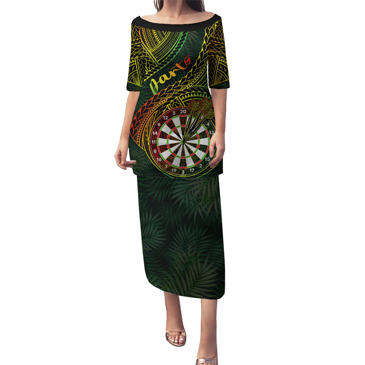 Personalised Polynesian Darts Family Matching Puletasi Dress and Hawaiian Shirt Dart Lovers Tribal Pattern Mix Tropical Leaves LT14 Mom's Dress Reggae - Polynesian Pride
