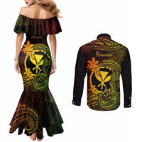 Hawaii Couples Matching Mermaid Dress and Long Sleeve Button Shirts Fish Hook Tattoo Mix Polynesian Plumeria Reggae Version LT14 - Polynesian Pride