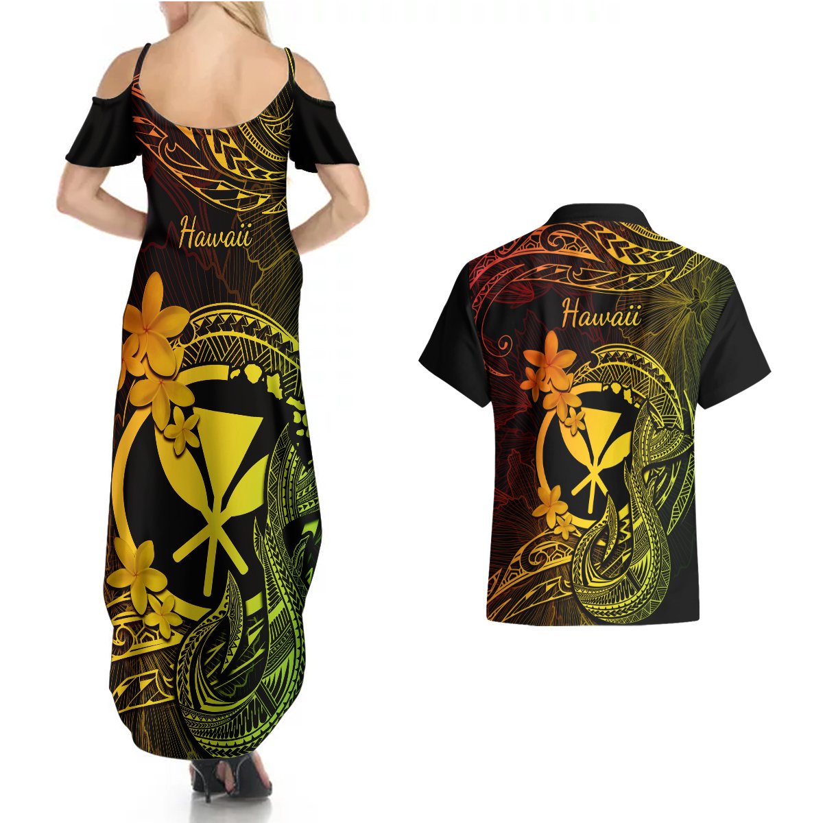 Hawaii Couples Matching Summer Maxi Dress and Hawaiian Shirt Fish Hook Tattoo Mix Polynesian Plumeria Reggae Version LT14 - Polynesian Pride