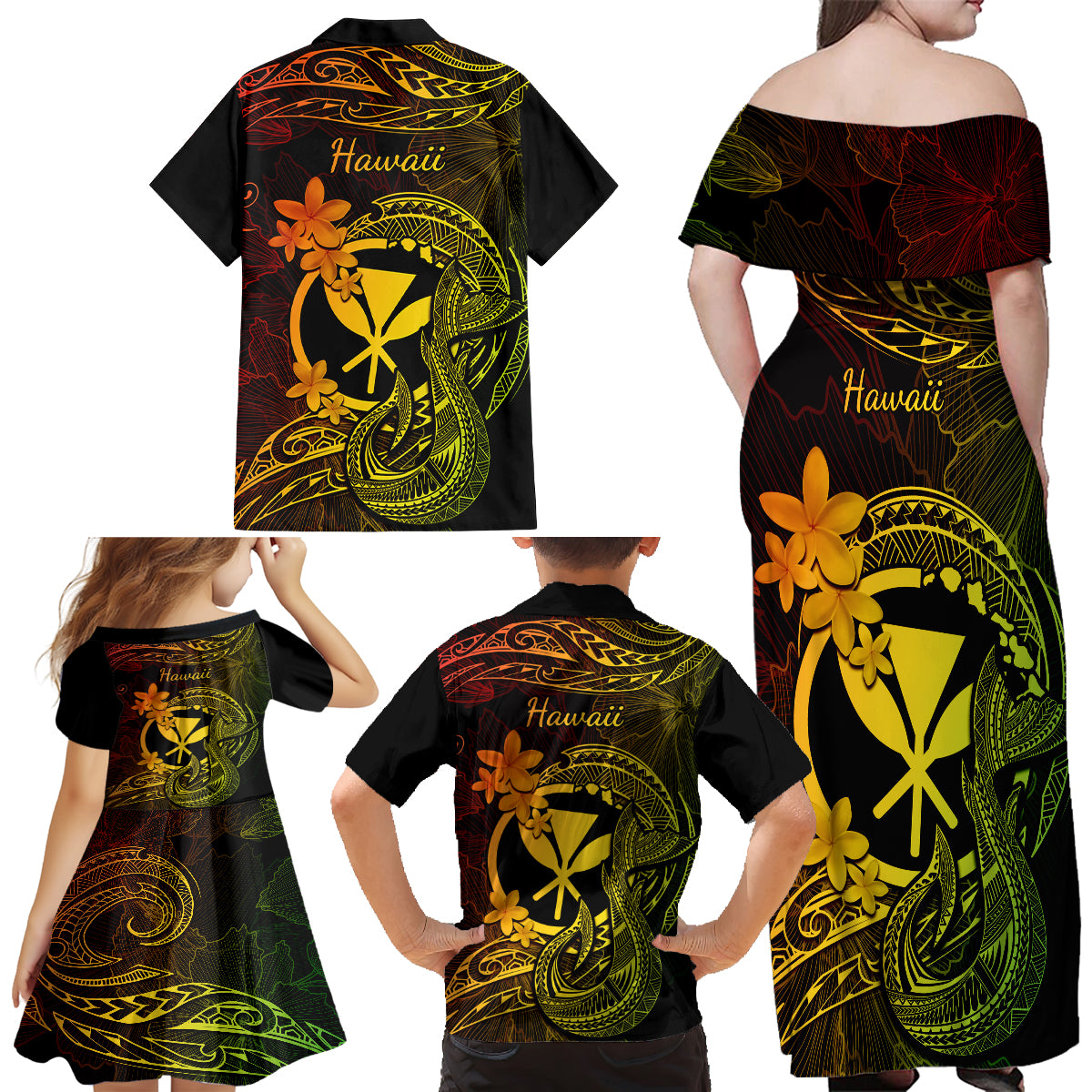 Hawaii Family Matching Off Shoulder Long Sleeve Dress and Hawaiian Shirt Fish Hook Tattoo Mix Polynesian Plumeria Reggae Version LT14 - Polynesian Pride