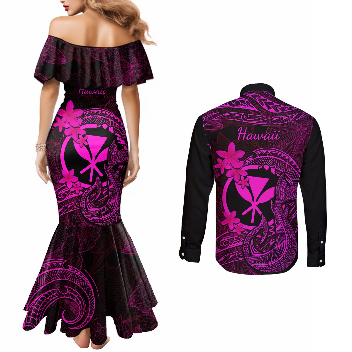 Hawaii Couples Matching Mermaid Dress and Long Sleeve Button Shirts Fish Hook Tattoo Mix Polynesian Plumeria Pink Version LT14 - Polynesian Pride