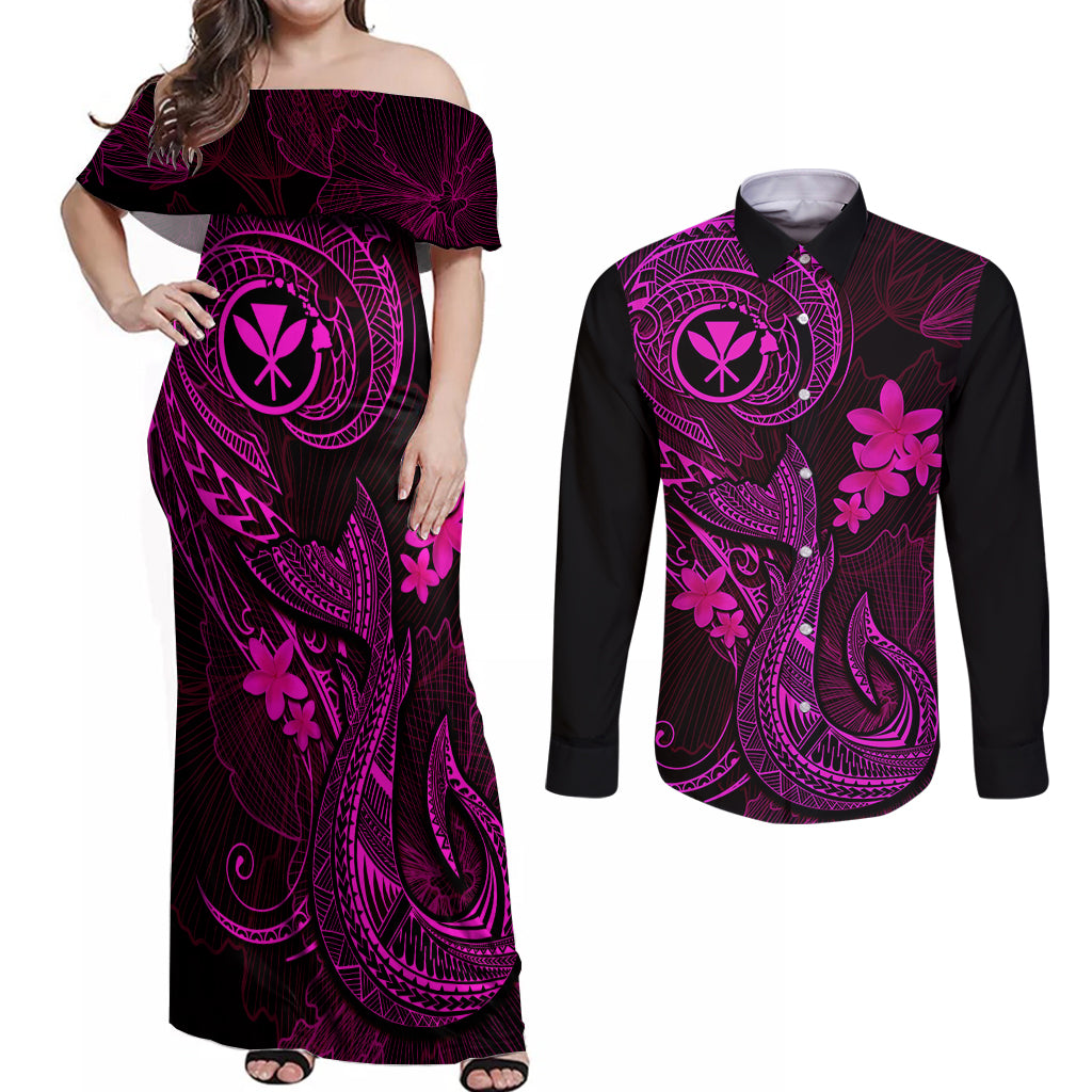 Hawaii Couples Matching Off Shoulder Maxi Dress and Long Sleeve Button Shirts Fish Hook Tattoo Mix Polynesian Plumeria Pink Version LT14 Pink - Polynesian Pride