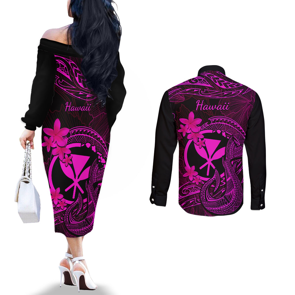 Hawaii Couples Matching Off The Shoulder Long Sleeve Dress and Long Sleeve Button Shirts Fish Hook Tattoo Mix Polynesian Plumeria Pink Version LT14 - Polynesian Pride