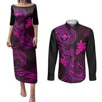 Hawaii Couples Matching Puletasi Dress and Long Sleeve Button Shirts Fish Hook Tattoo Mix Polynesian Plumeria Pink Version LT14 Pink - Polynesian Pride