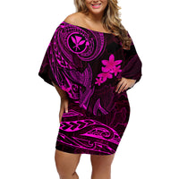 Hawaii Family Matching Off Shoulder Short Dress and Hawaiian Shirt Fish Hook Tattoo Mix Polynesian Plumeria Pink Version LT14 Mom's Dress Pink - Polynesian Pride