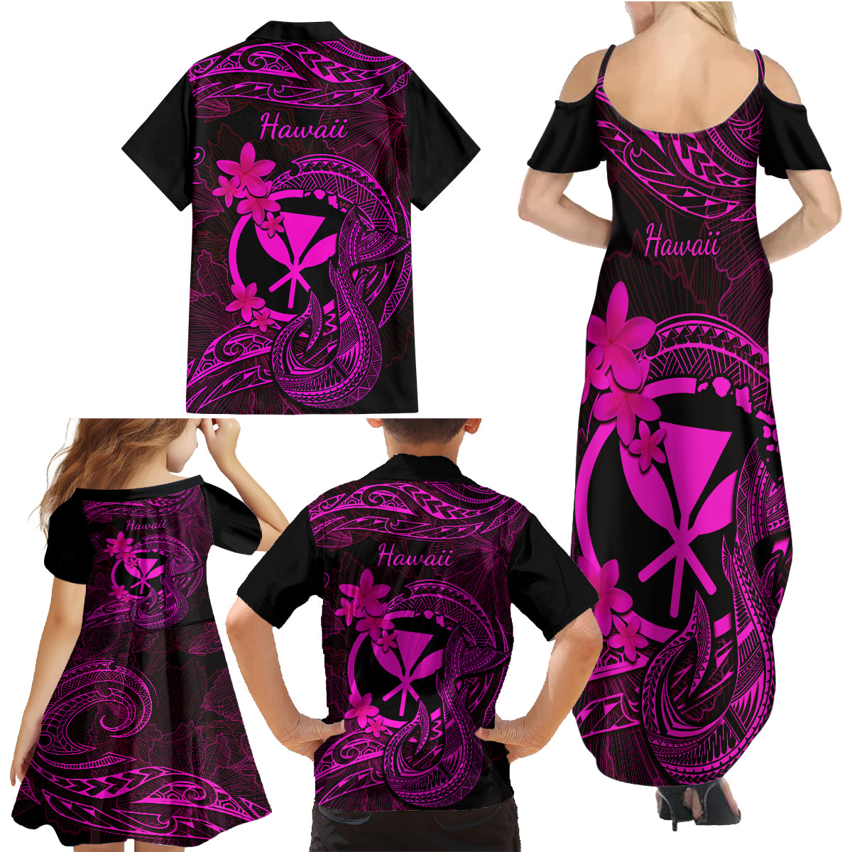 Hawaii Family Matching Summer Maxi Dress and Hawaiian Shirt Fish Hook Tattoo Mix Polynesian Plumeria Pink Version LT14 - Polynesian Pride