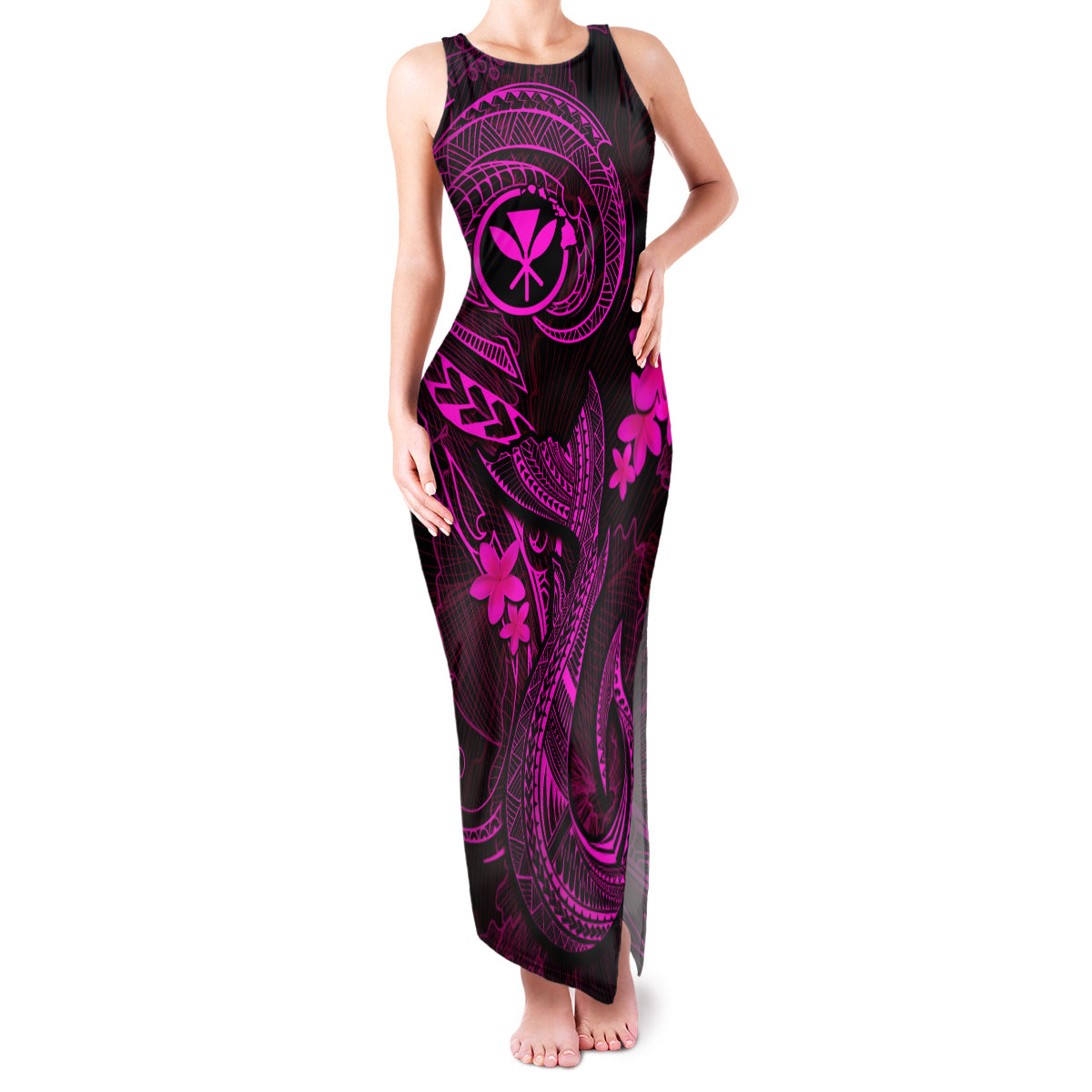Hawaii Family Matching Tank Maxi Dress and Hawaiian Shirt Fish Hook Tattoo Mix Polynesian Plumeria Pink Version LT14 Mom's Dress Pink - Polynesian Pride