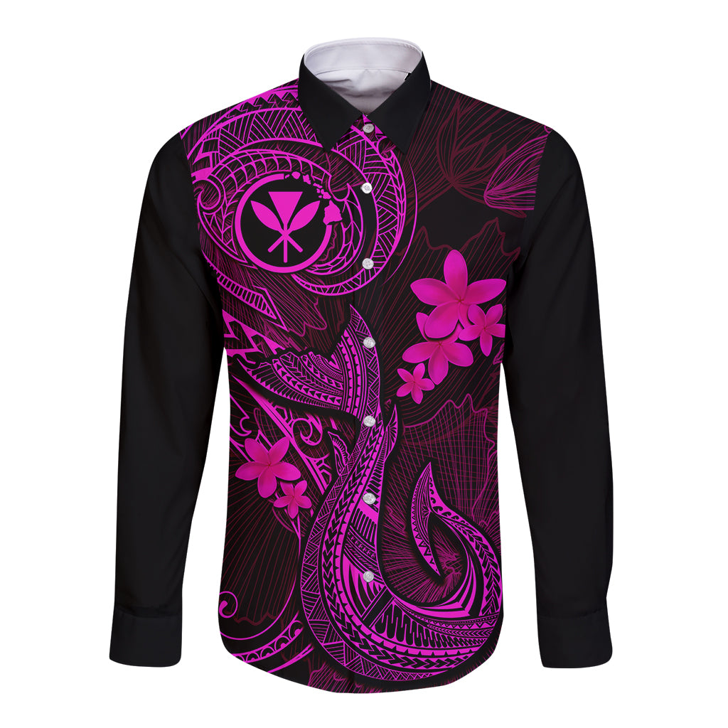 Hawaii Long Sleeve Button Shirt Fish Hook Tattoo Mix Polynesian Plumeria Pink Version LT14 Unisex Pink - Polynesian Pride
