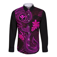 Hawaii Long Sleeve Button Shirt Fish Hook Tattoo Mix Polynesian Plumeria Pink Version LT14 Unisex Pink - Polynesian Pride