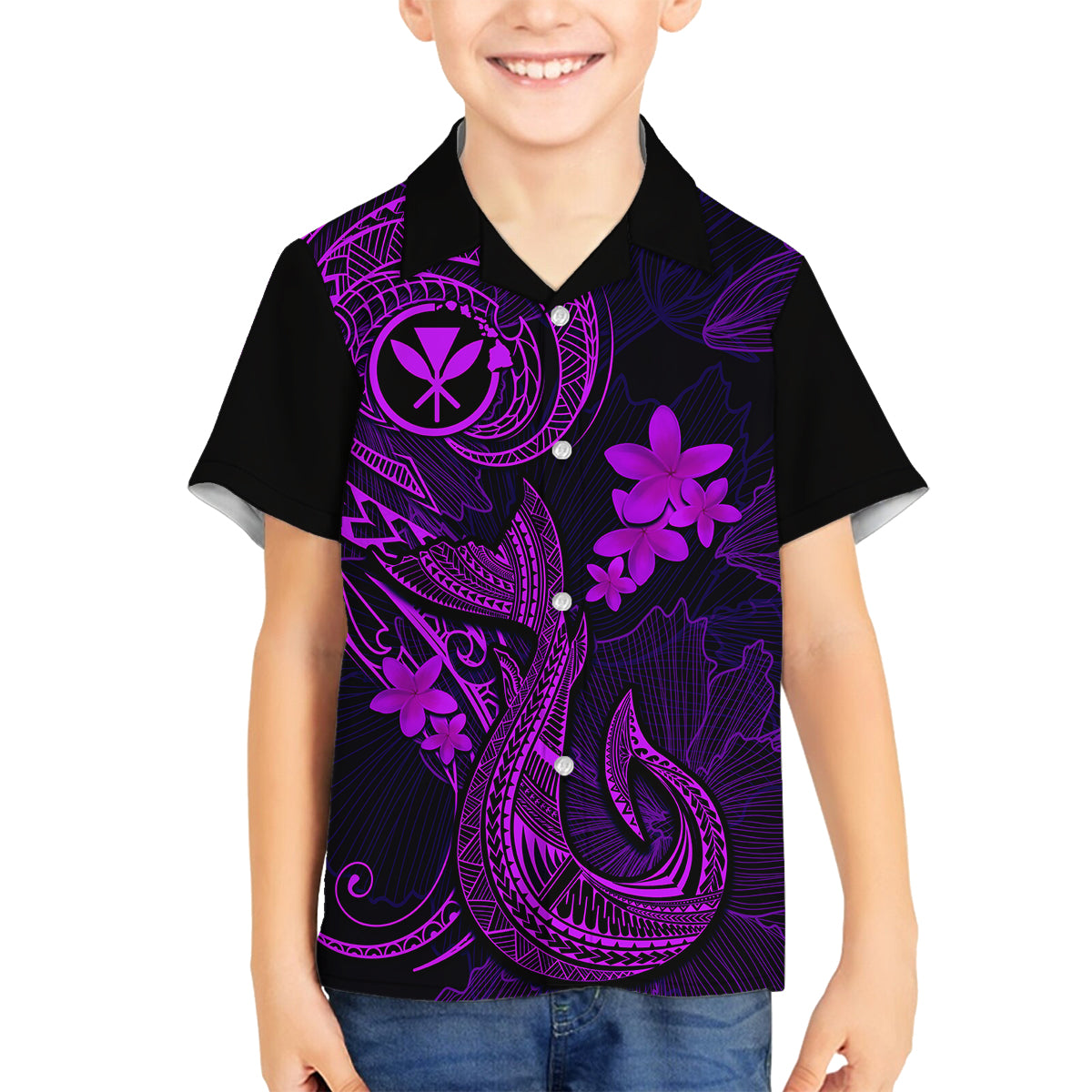 Hawaii Family Matching Short Sleeve Bodycon Dress and Hawaiian Shirt Fish Hook Tattoo Mix Polynesian Plumeria Purple Version LT14 Son's Shirt Purple - Polynesian Pride