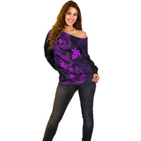 Hawaii Off Shoulder Sweater Fish Hook Tattoo Mix Polynesian Plumeria Purple Version LT14 - Polynesian Pride