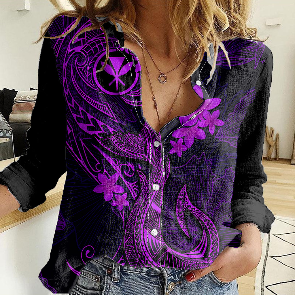 Hawaii Women Casual Shirt Fish Hook Tattoo Mix Polynesian Plumeria Purple Version LT14 Female Purple - Polynesian Pride