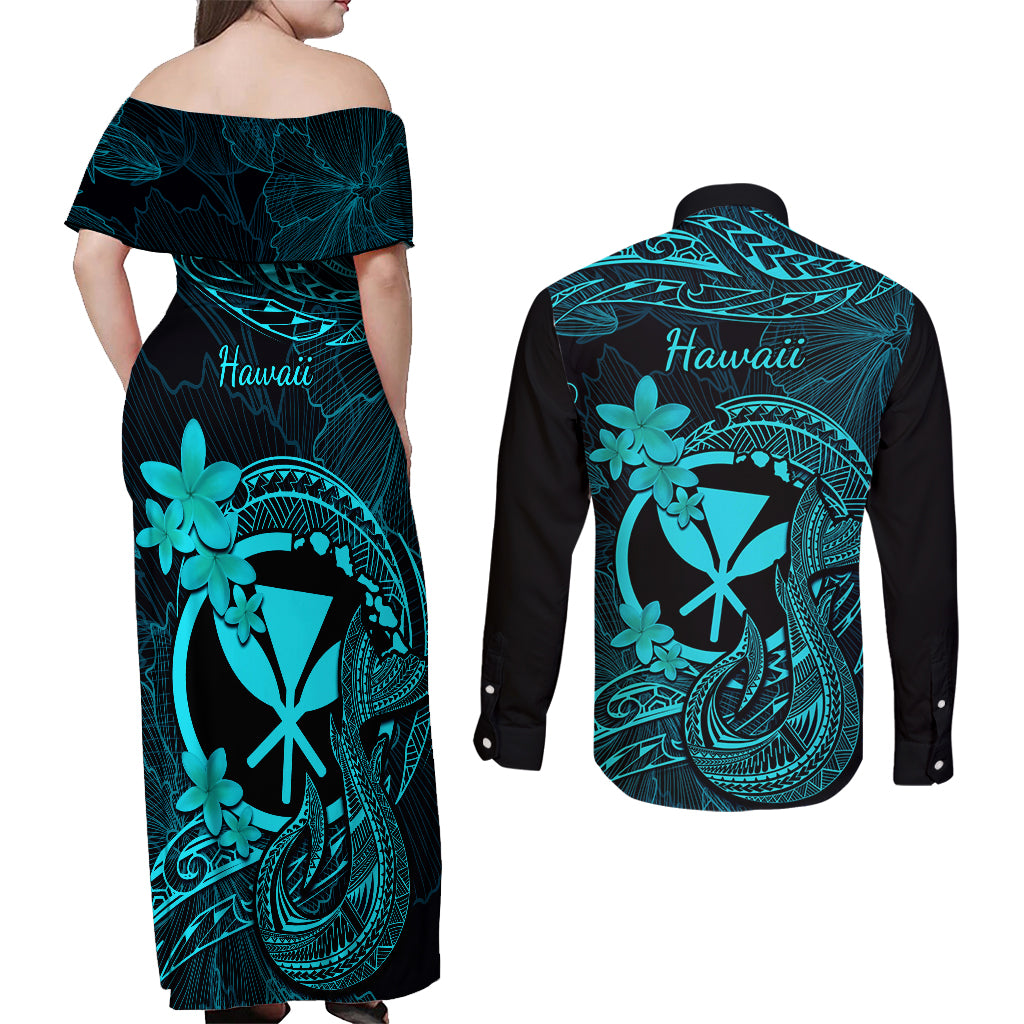 Hawaii Couples Matching Off Shoulder Maxi Dress and Long Sleeve Button Shirts Fish Hook Tattoo Mix Polynesian Plumeria Turquoise Version LT14 - Polynesian Pride