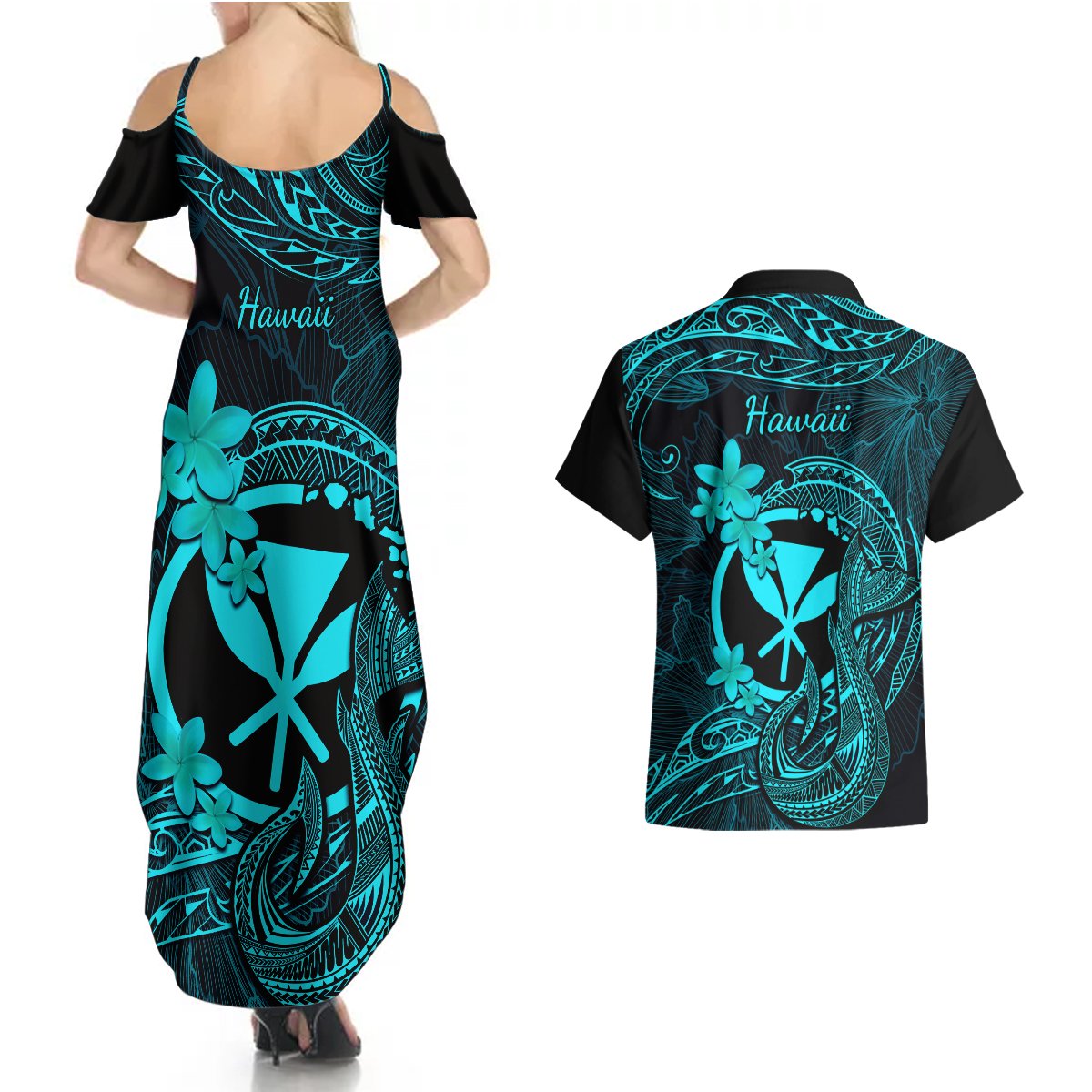 Hawaii Couples Matching Summer Maxi Dress and Hawaiian Shirt Fish Hook Tattoo Mix Polynesian Plumeria Turquoise Version LT14 - Polynesian Pride
