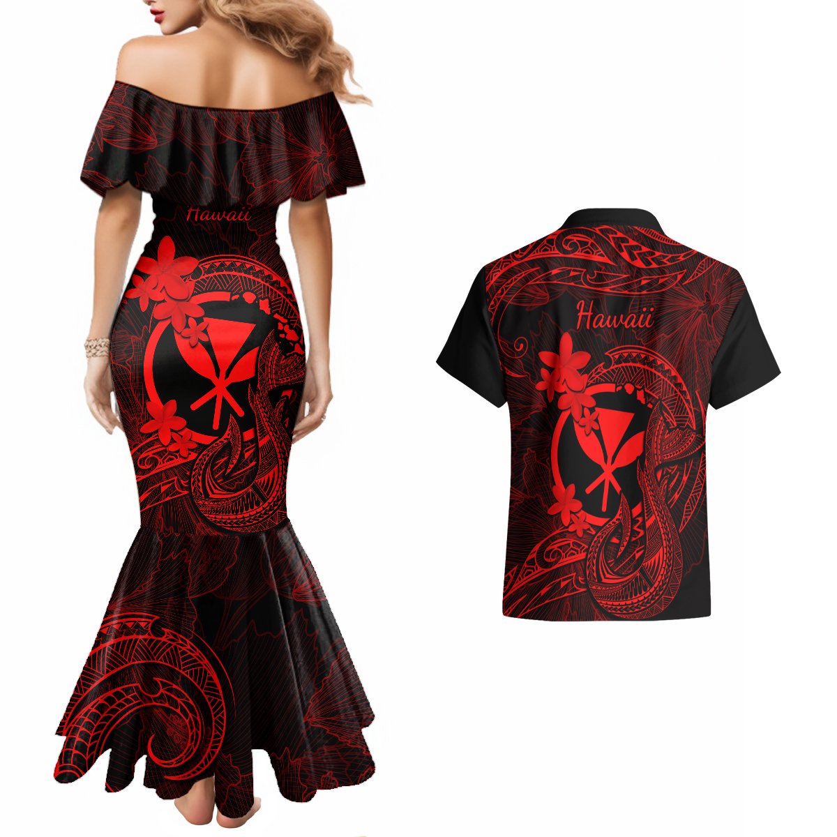 Hawaii Couples Matching Mermaid Dress and Hawaiian Shirt Fish Hook Tattoo Mix Polynesian Plumeria Red Version LT14 - Polynesian Pride