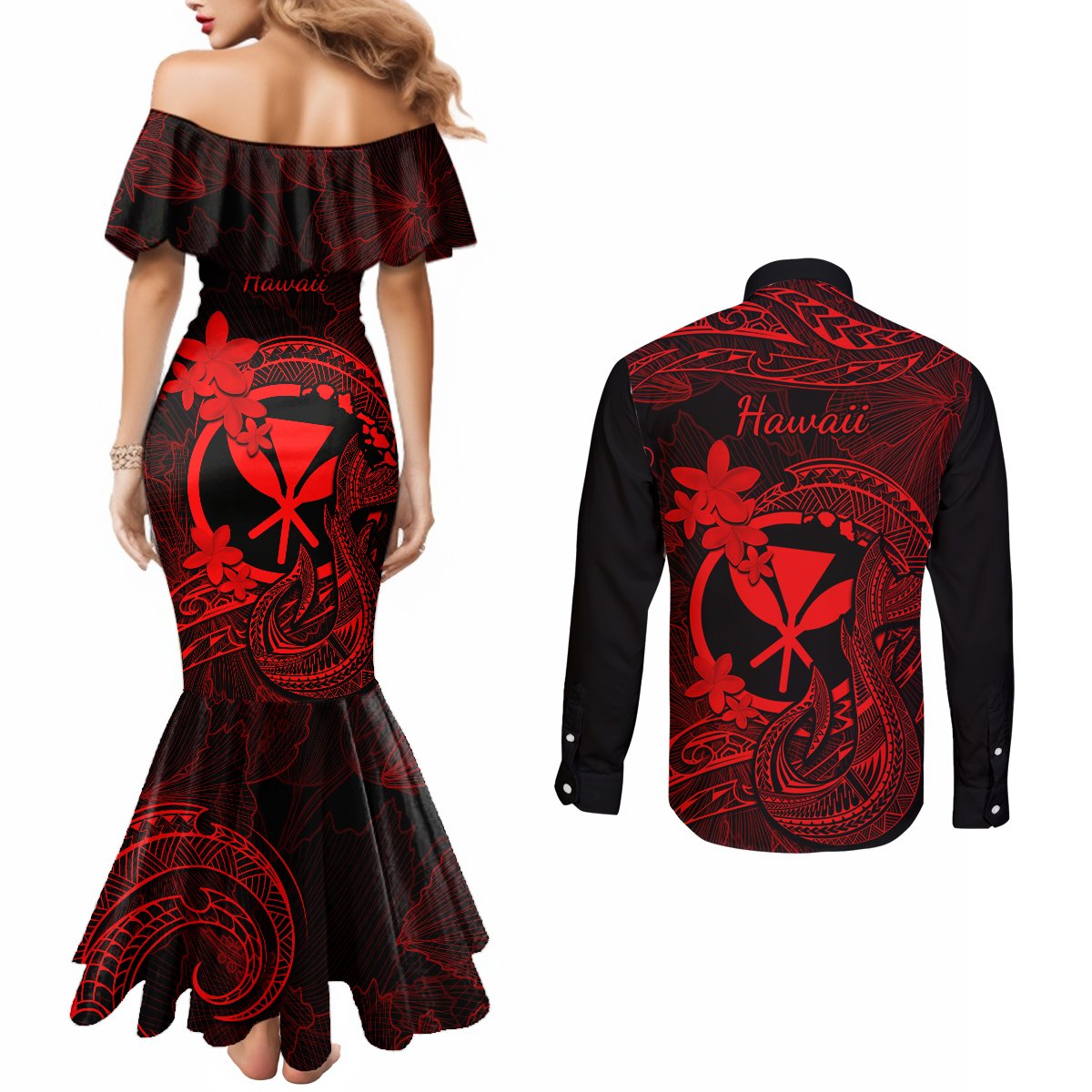 Hawaii Couples Matching Mermaid Dress and Long Sleeve Button Shirts Fish Hook Tattoo Mix Polynesian Plumeria Red Version LT14 - Polynesian Pride