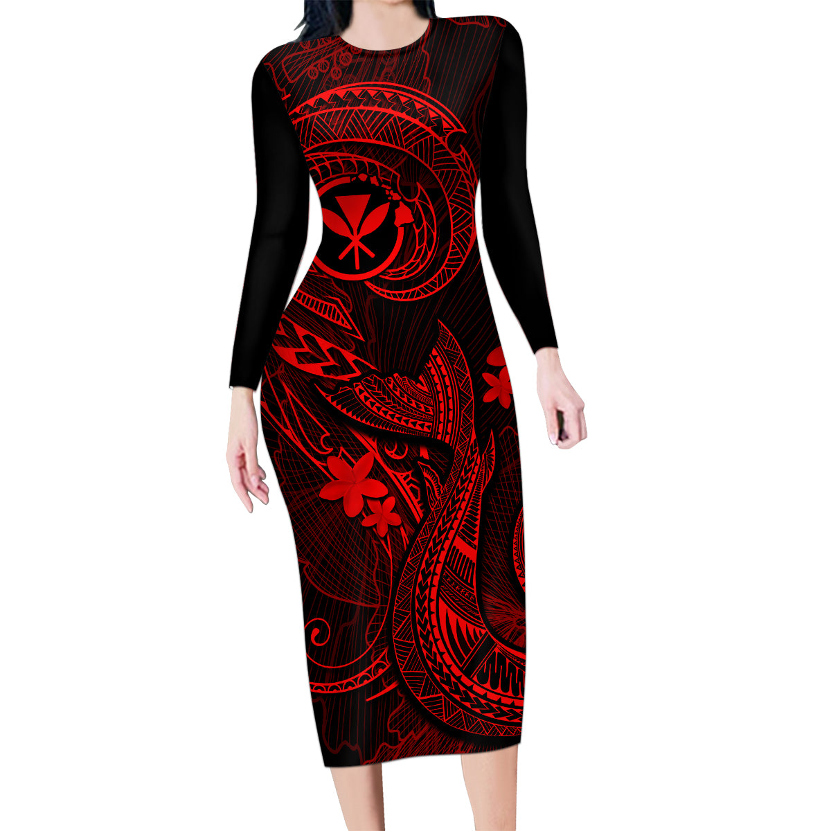Hawaii Family Matching Long Sleeve Bodycon Dress and Hawaiian Shirt Fish Hook Tattoo Mix Polynesian Plumeria Red Version LT14 Mom's Dress Red - Polynesian Pride