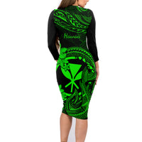 Hawaii Family Matching Long Sleeve Bodycon Dress and Hawaiian Shirt Fish Hook Tattoo Mix Polynesian Plumeria Green Version LT14 - Polynesian Pride