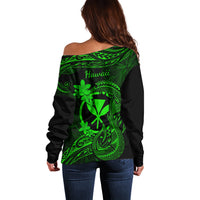 Hawaii Off Shoulder Sweater Fish Hook Tattoo Mix Polynesian Plumeria Green Version LT14 - Polynesian Pride