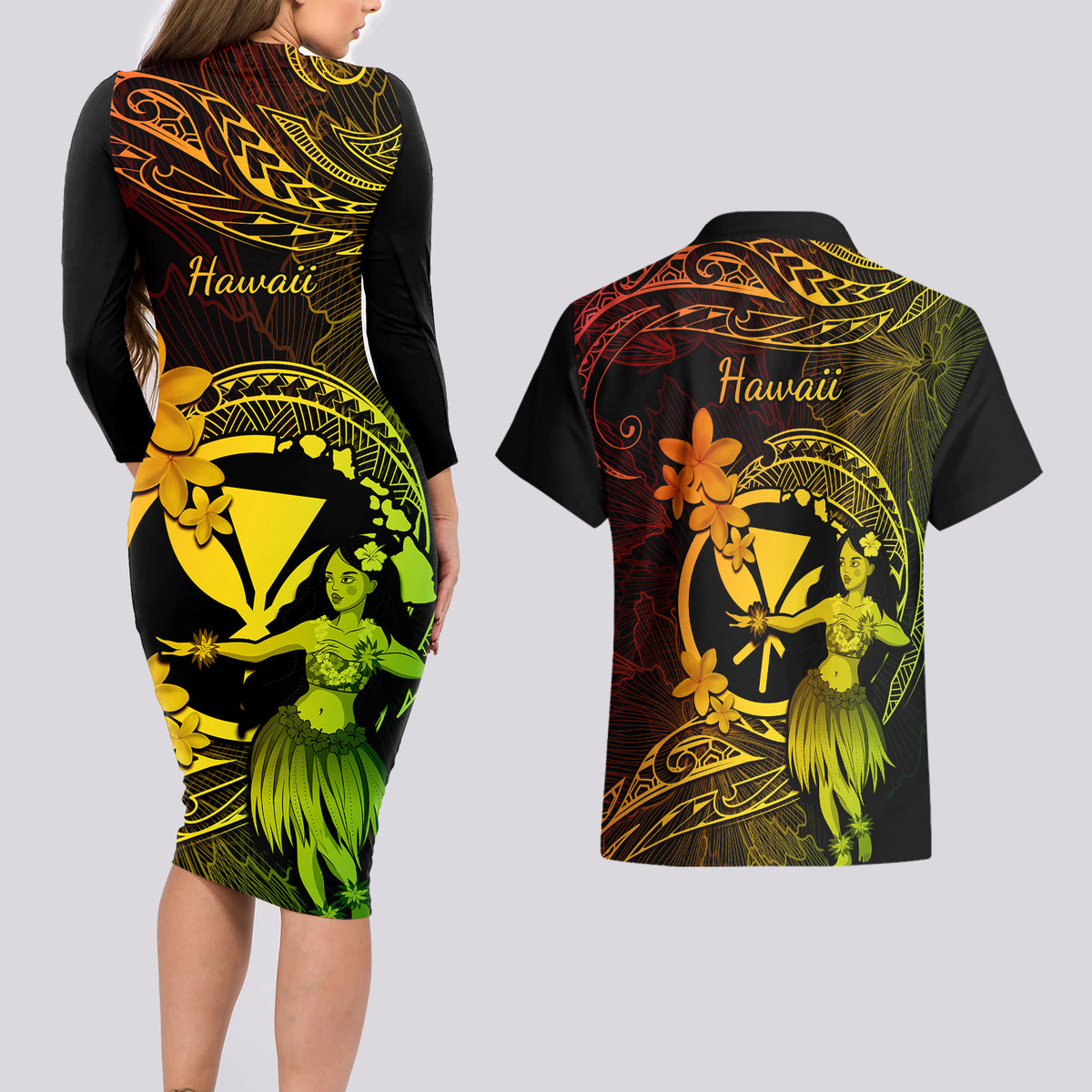 Hawaii Couples Matching Long Sleeve Bodycon Dress and Hawaiian Shirt Hula Girl Mix Polynesian Plumeria Reggae Version LT14 - Polynesian Pride