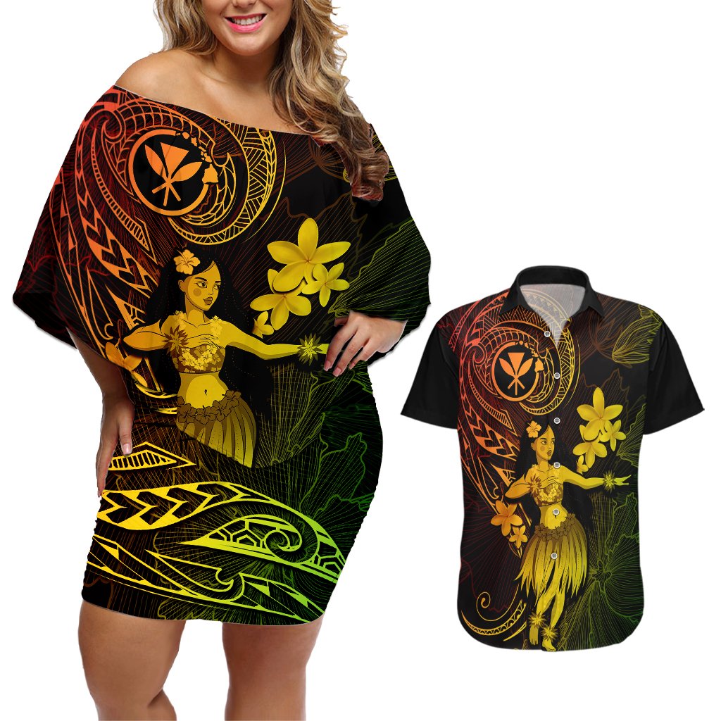Hawaii Couples Matching Off Shoulder Short Dress and Hawaiian Shirt Hula Girl Mix Polynesian Plumeria Reggae Version LT14 Reggae - Polynesian Pride