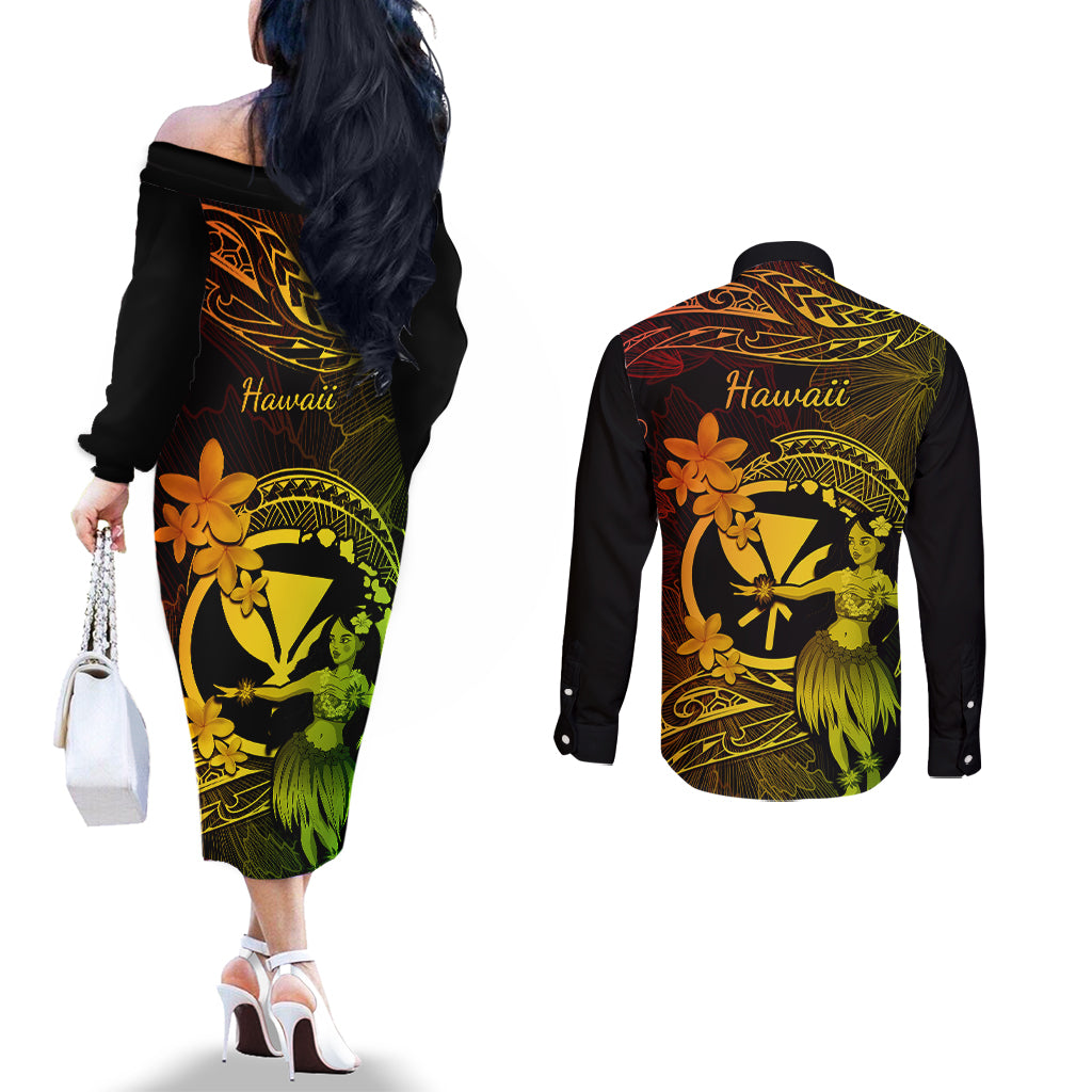 Hawaii Couples Matching Off The Shoulder Long Sleeve Dress and Long Sleeve Button Shirts Hula Girl Mix Polynesian Plumeria Reggae Version LT14 - Polynesian Pride