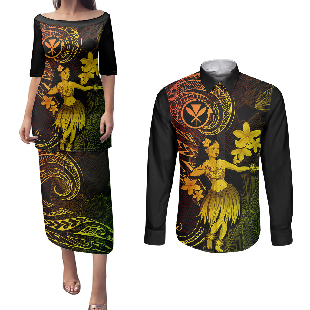 Hawaii Couples Matching Puletasi Dress and Long Sleeve Button Shirts Hula Girl Mix Polynesian Plumeria Reggae Version LT14 Reggae - Polynesian Pride