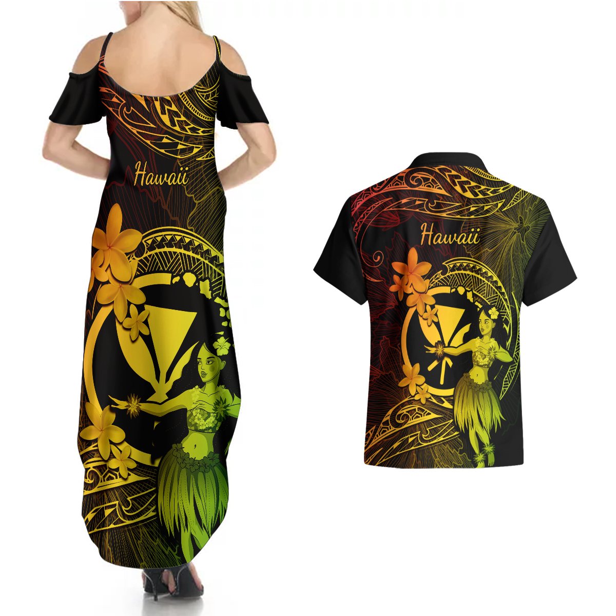 Hawaii Couples Matching Summer Maxi Dress and Hawaiian Shirt Hula Girl Mix Polynesian Plumeria Reggae Version LT14 - Polynesian Pride