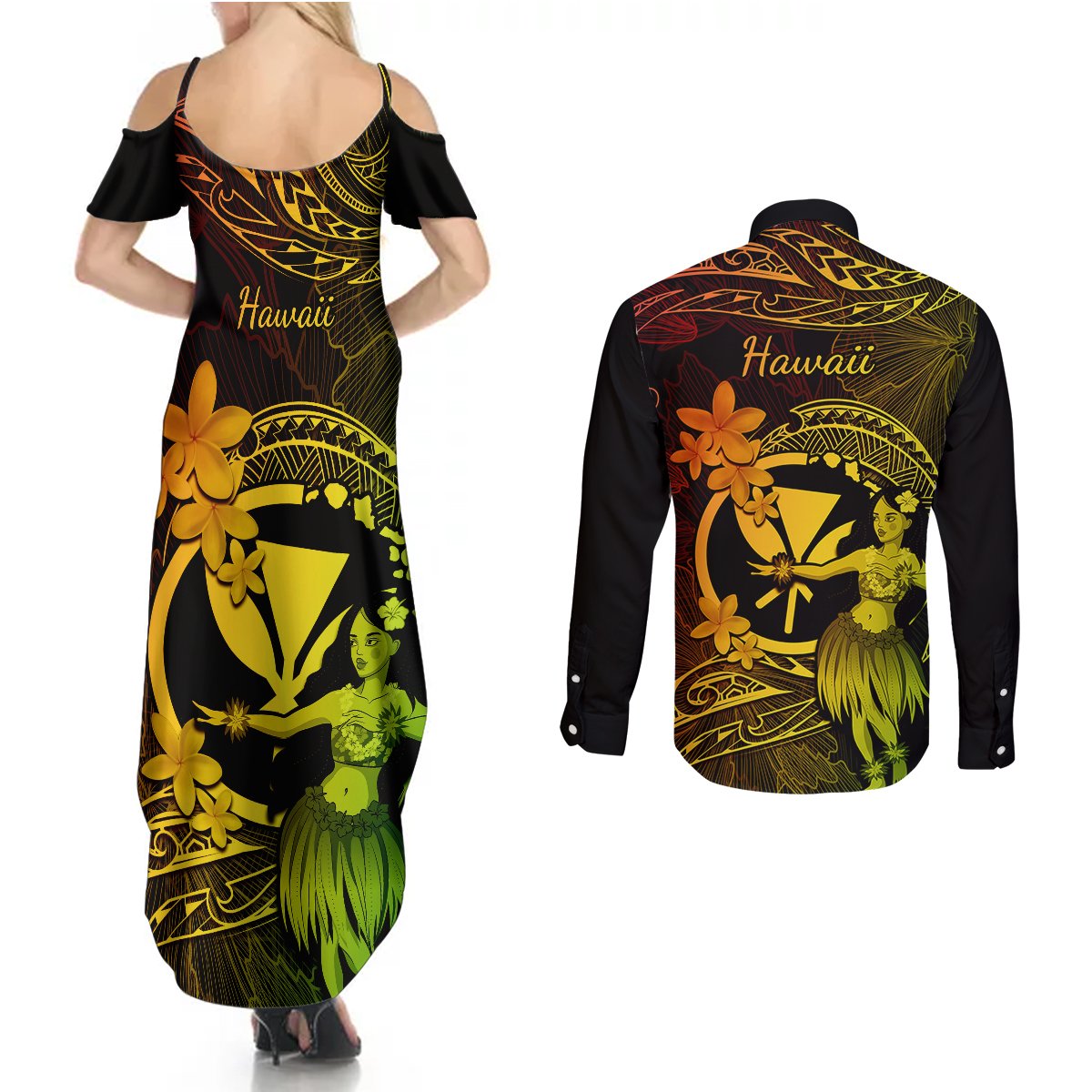 Hawaii Couples Matching Summer Maxi Dress and Long Sleeve Button Shirts Hula Girl Mix Polynesian Plumeria Reggae Version LT14 - Polynesian Pride
