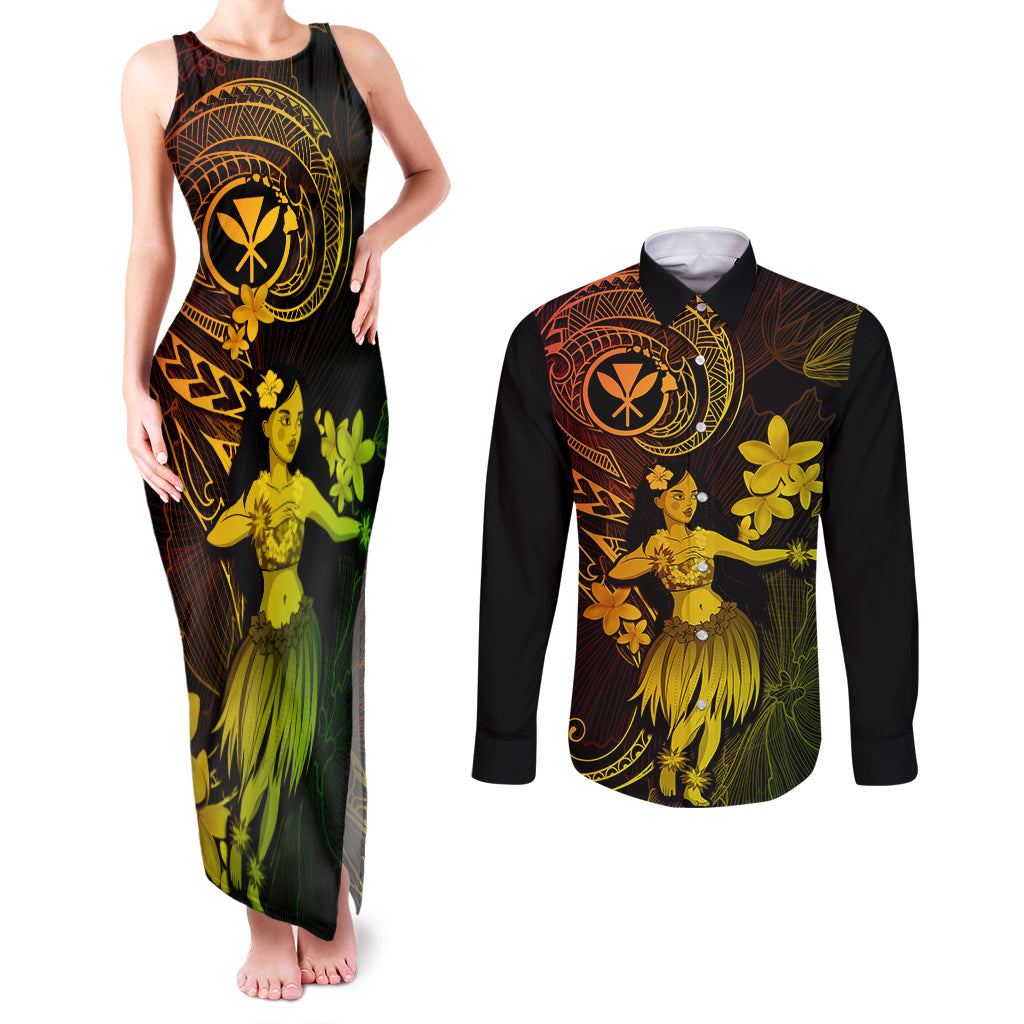 Hawaii Couples Matching Tank Maxi Dress and Long Sleeve Button Shirts Hula Girl Mix Polynesian Plumeria Reggae Version LT14 Reggae - Polynesian Pride