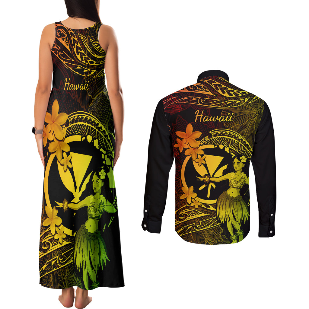 Hawaii Couples Matching Tank Maxi Dress and Long Sleeve Button Shirts Hula Girl Mix Polynesian Plumeria Reggae Version LT14 - Polynesian Pride