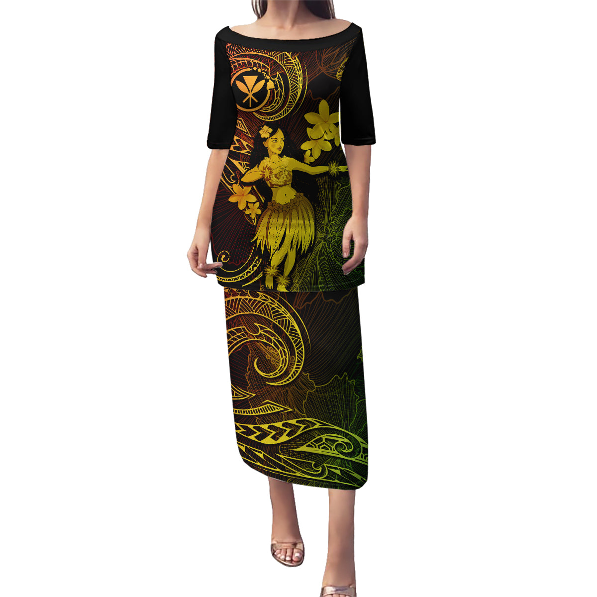 Hawaii Family Matching Puletasi Dress and Hawaiian Shirt Hula Girl Mix Polynesian Plumeria Reggae Version LT14 Mom's Dress Reggae - Polynesian Pride