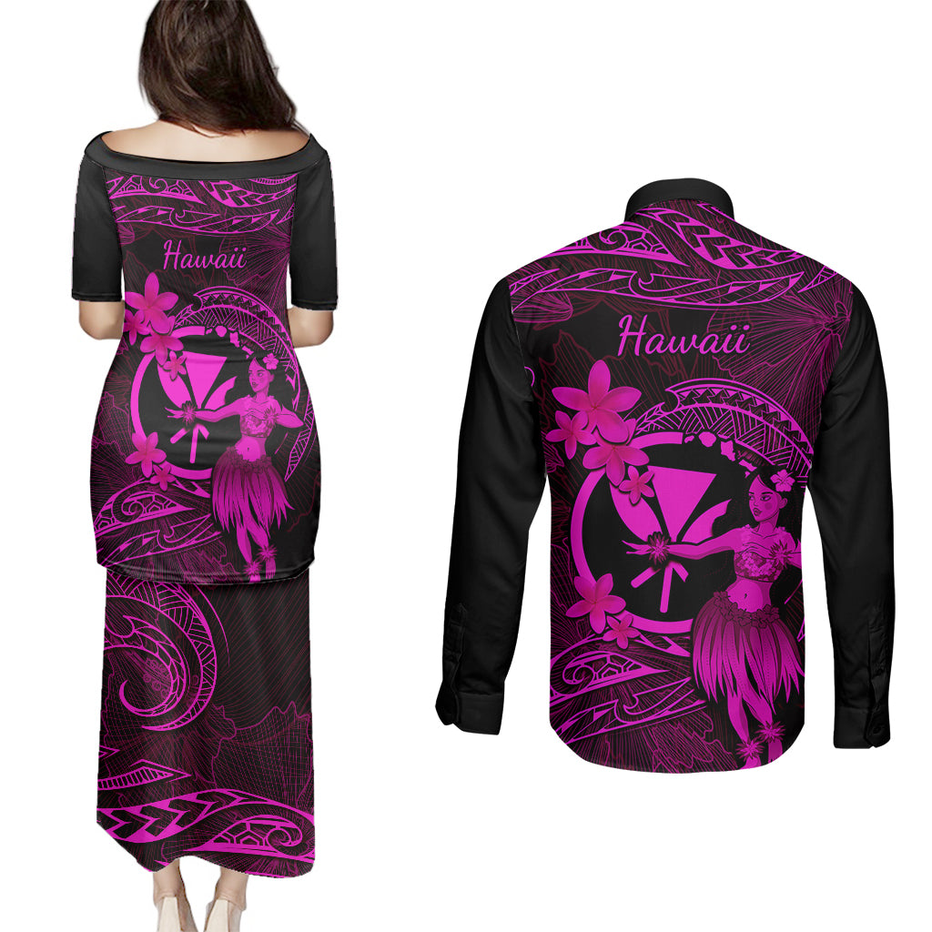 Hawaii Couples Matching Puletasi Dress and Long Sleeve Button Shirts Hula Girl Mix Polynesian Plumeria Pink Version LT14 - Polynesian Pride