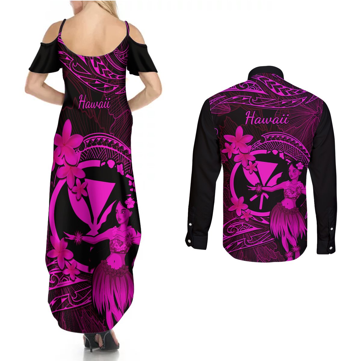 Hawaii Couples Matching Summer Maxi Dress and Long Sleeve Button Shirts Hula Girl Mix Polynesian Plumeria Pink Version LT14 - Polynesian Pride