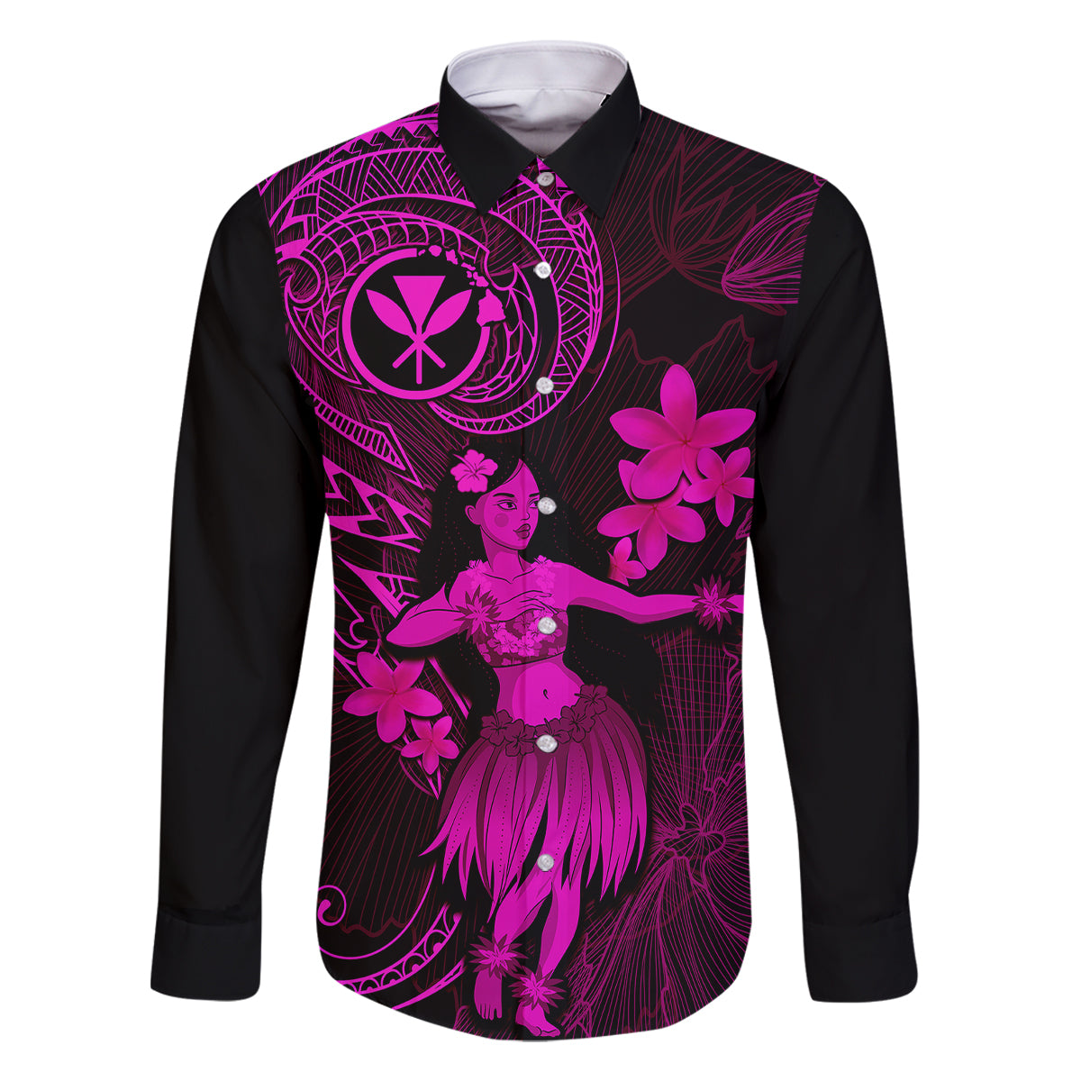 Hawaii Family Matching Off Shoulder Short Dress and Hawaiian Shirt Hula Girl Mix Polynesian Plumeria Pink Version LT14 Dad's Shirt - Long Sleeve Pink - Polynesian Pride