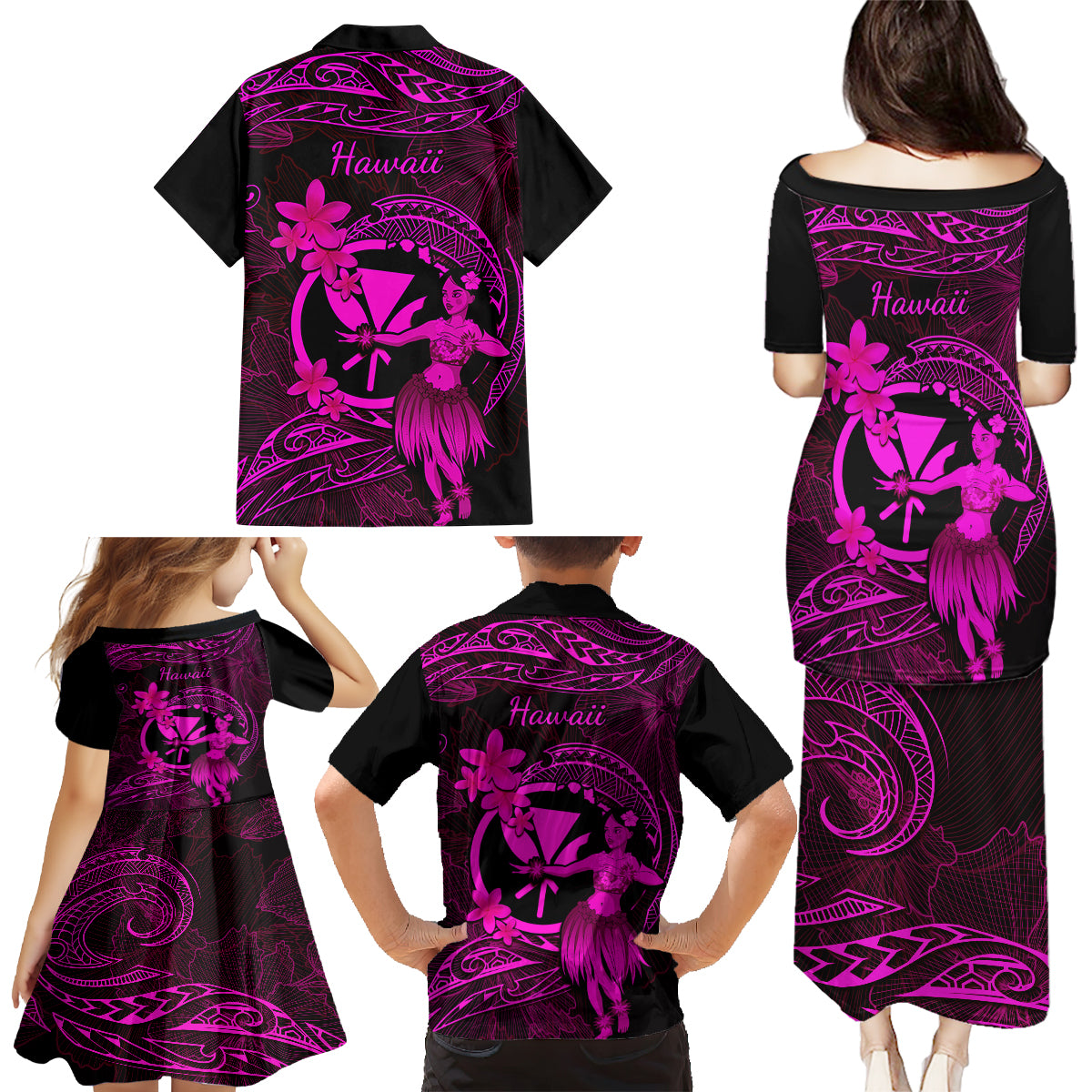 Hawaii Family Matching Puletasi Dress and Hawaiian Shirt Hula Girl Mix Polynesian Plumeria Pink Version LT14 - Polynesian Pride