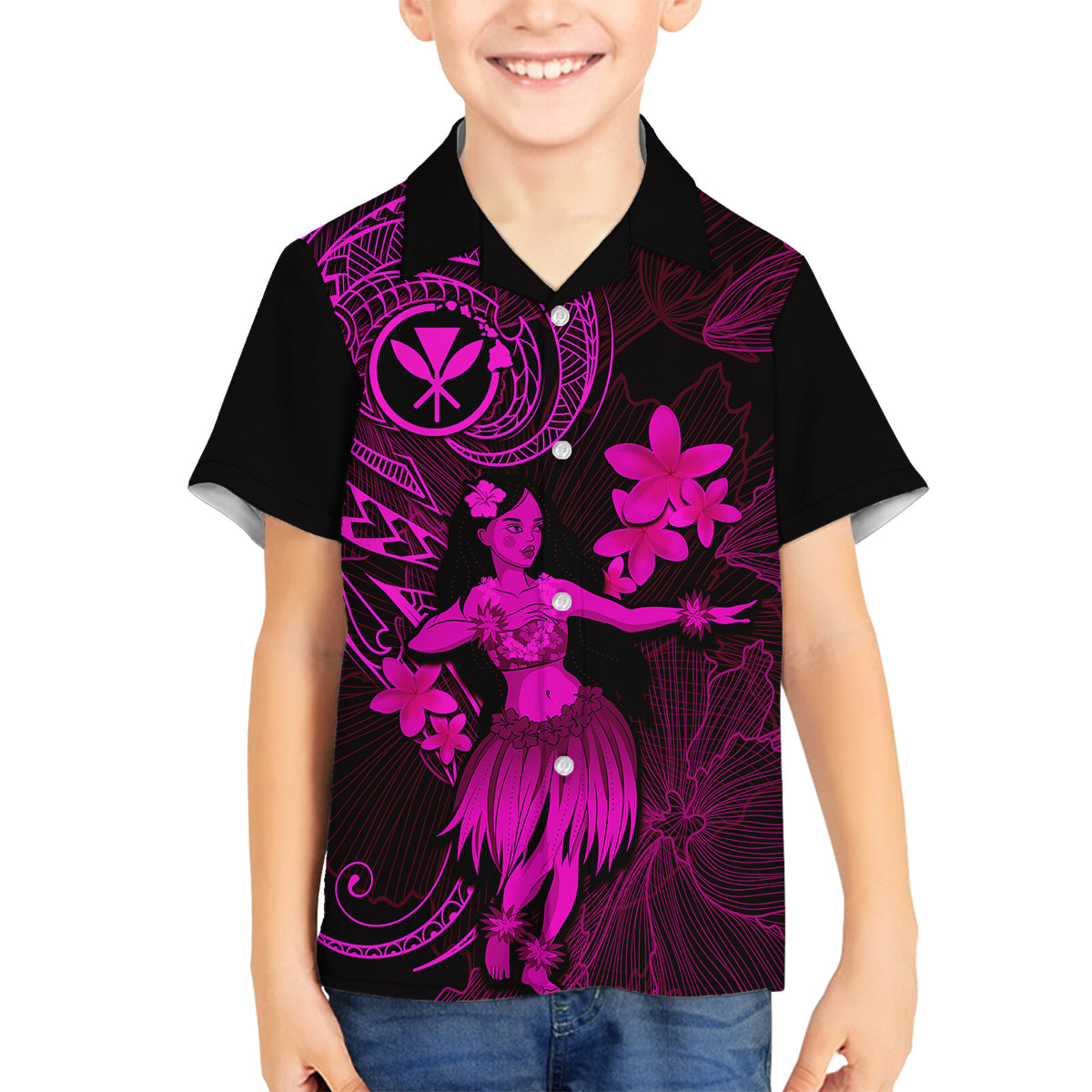 Hawaii Kid Hawaiian Shirt Hula Girl Mix Polynesian Plumeria Pink Version LT14 - Polynesian Pride