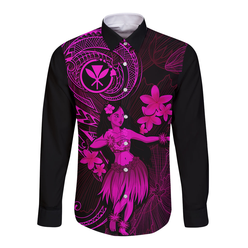 Hawaii Long Sleeve Button Shirt Hula Girl Mix Polynesian Plumeria Pink Version LT14 Unisex Pink - Polynesian Pride