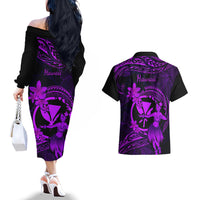 Hawaii Couples Matching Off The Shoulder Long Sleeve Dress and Hawaiian Shirt Hula Girl Mix Polynesian Plumeria Purple Version LT14 - Polynesian Pride