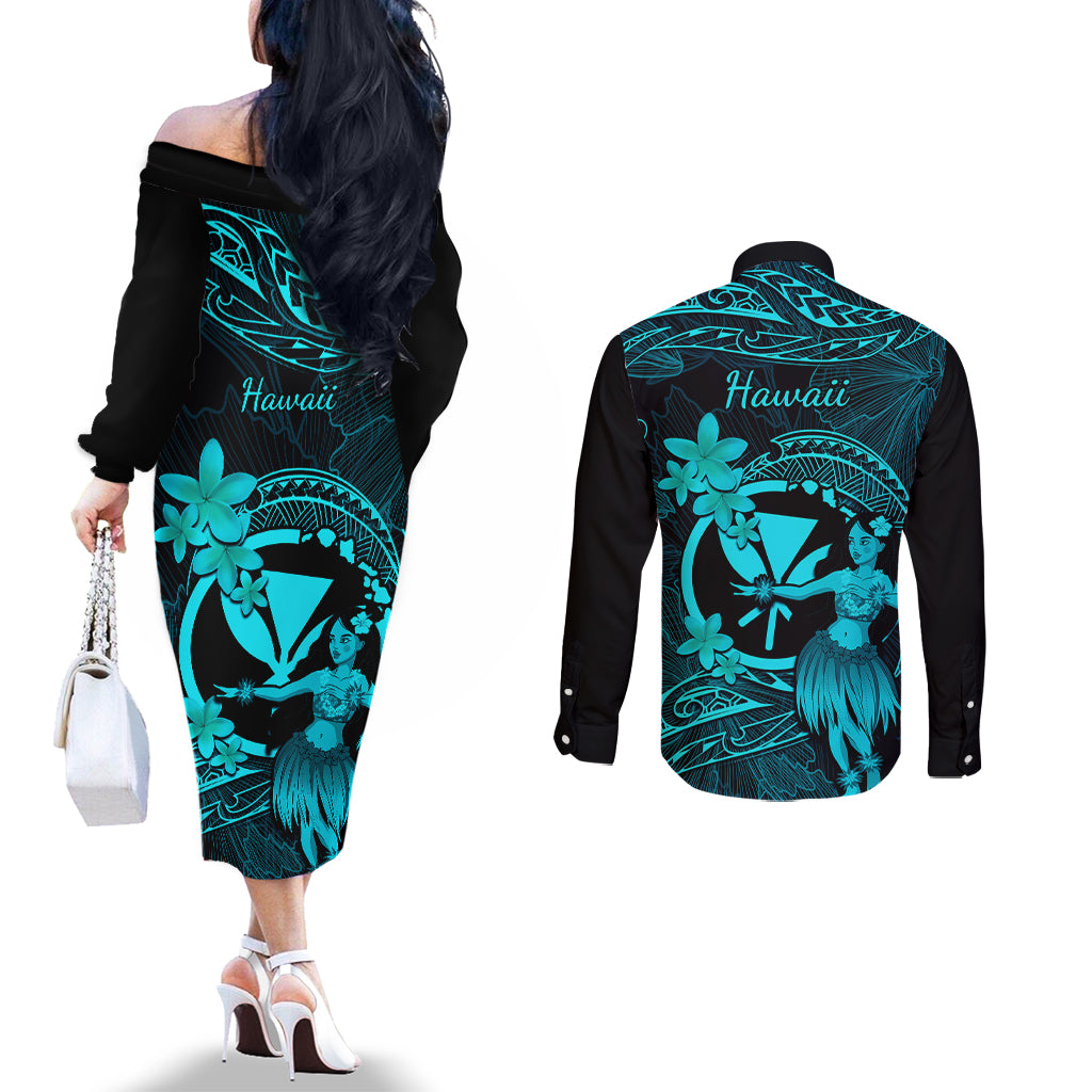 Hawaii Couples Matching Off The Shoulder Long Sleeve Dress and Long Sleeve Button Shirts Hula Girl Mix Polynesian Plumeria Turquoise Version LT14 - Polynesian Pride