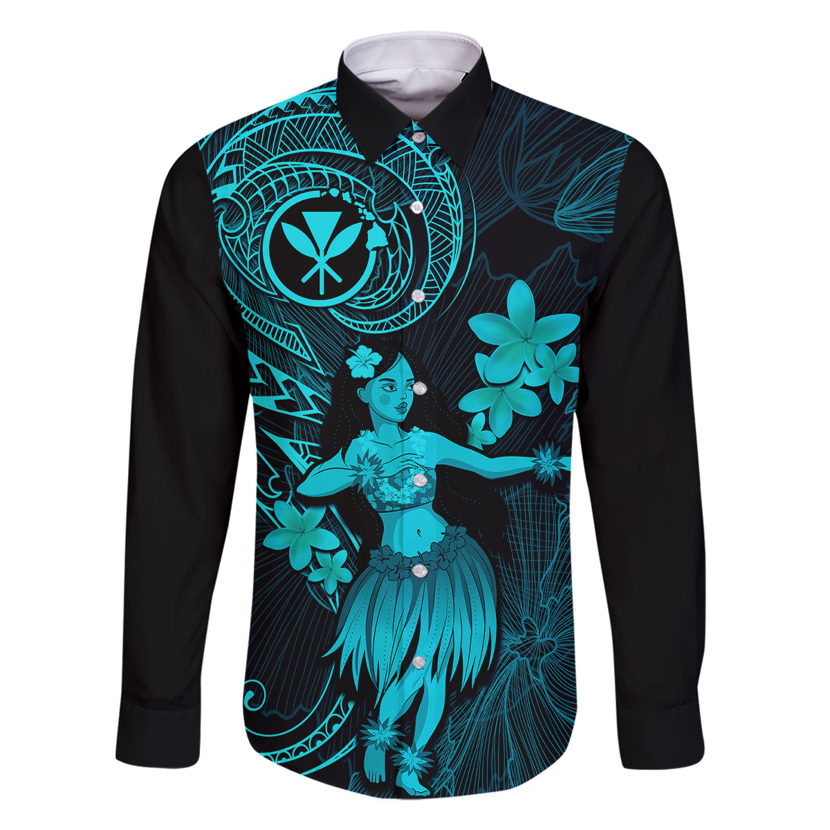 Hawaii Family Matching Mermaid Dress and Hawaiian Shirt Hula Girl Mix Polynesian Plumeria Turquoise Version LT14 Dad's Shirt - Long Sleeve Turquoise - Polynesian Pride
