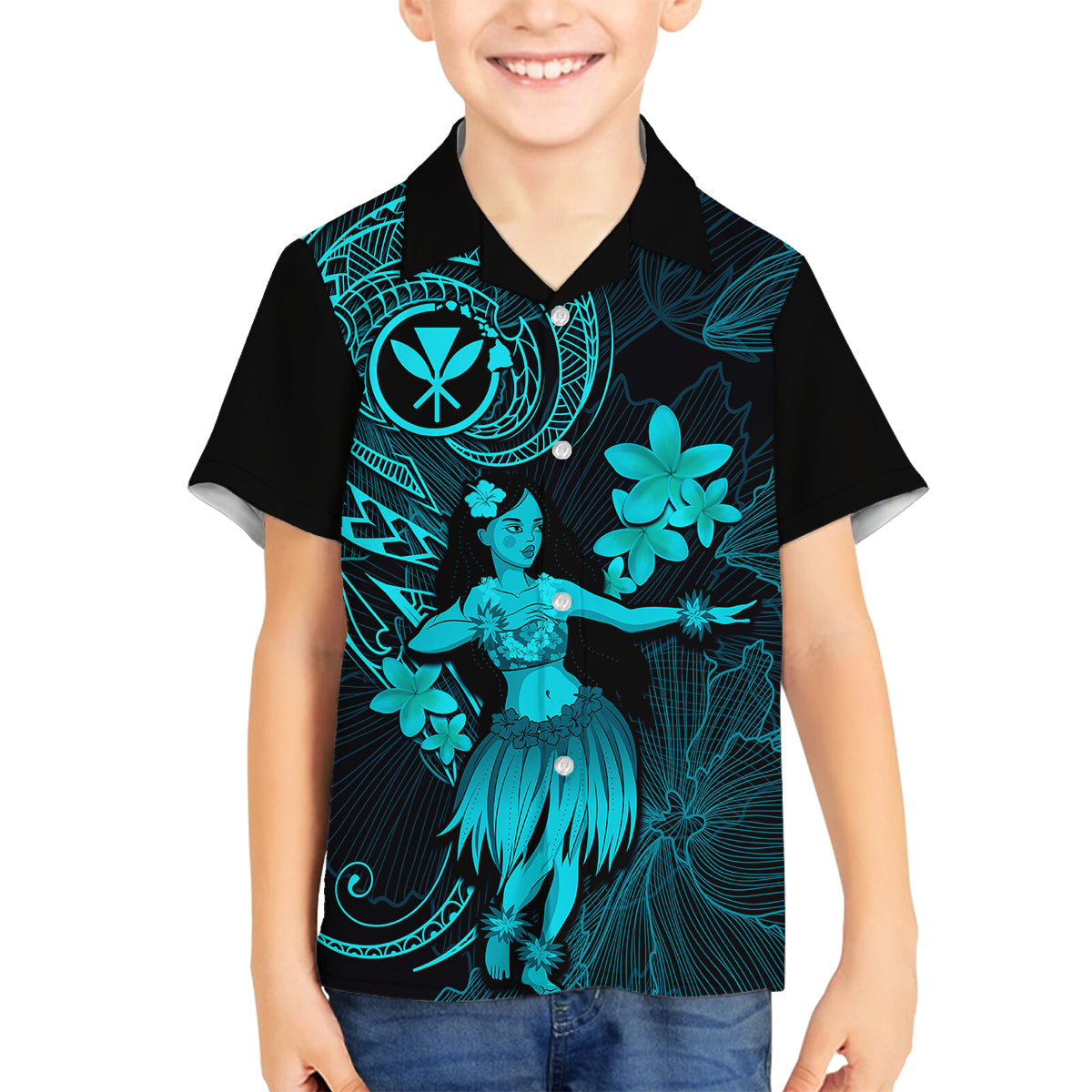 Hawaii Family Matching Off Shoulder Short Dress and Hawaiian Shirt Hula Girl Mix Polynesian Plumeria Turquoise Version LT14 Son's Shirt Turquoise - Polynesian Pride
